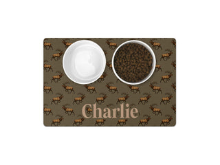 Personalized elk pet mat with rustic wildlife design, custom dog feeding mat featuring elk illustration, ideal for hunting and nature lovers.