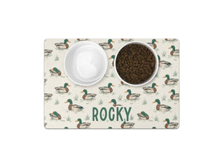 Custom pet mat featuring mallard ducks and waterfowl design, personalized with your pet’s name