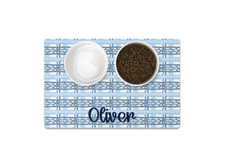 Personalized pet feeding mat with a watercolor duck marsh pattern and custom pet name for food bowls.