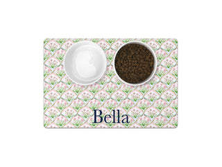 Personalized pet feeding mat with a watercolor duck marsh pattern and custom pet name for food bowls.