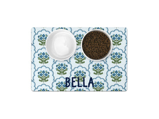Personalized pet feeding mat with a watercolor duck marsh pattern and custom pet name for food bowls.