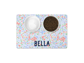 Personalized pet feeding mat with a watercolor duck marsh pattern and custom pet name for food bowls.