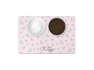 Personalized pet feeding mat with a watercolor duck marsh pattern and custom pet name for food bowls.