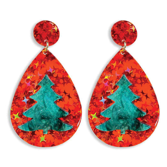 Red Glitter Tree Earrings