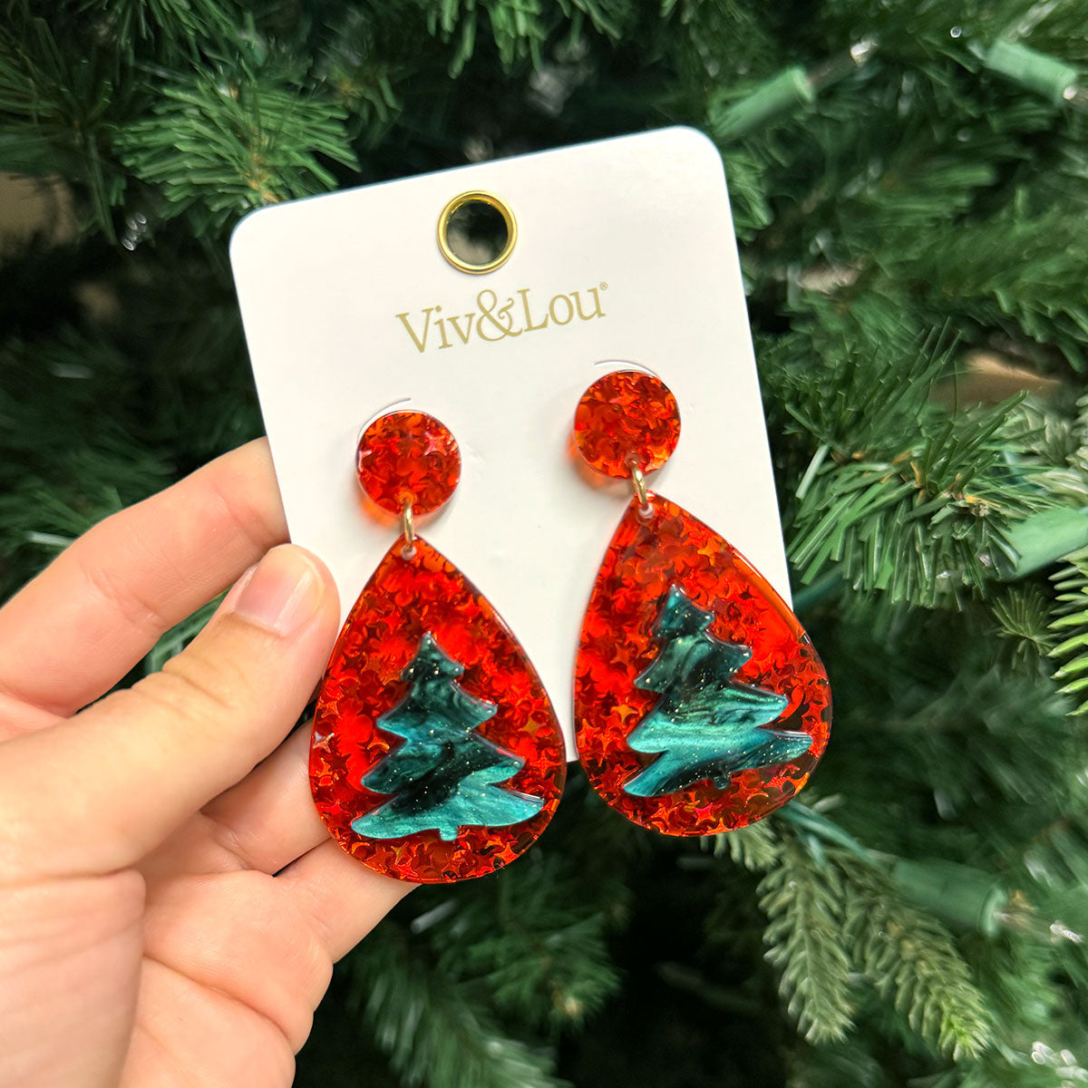 Red Glitter Tree Earrings
