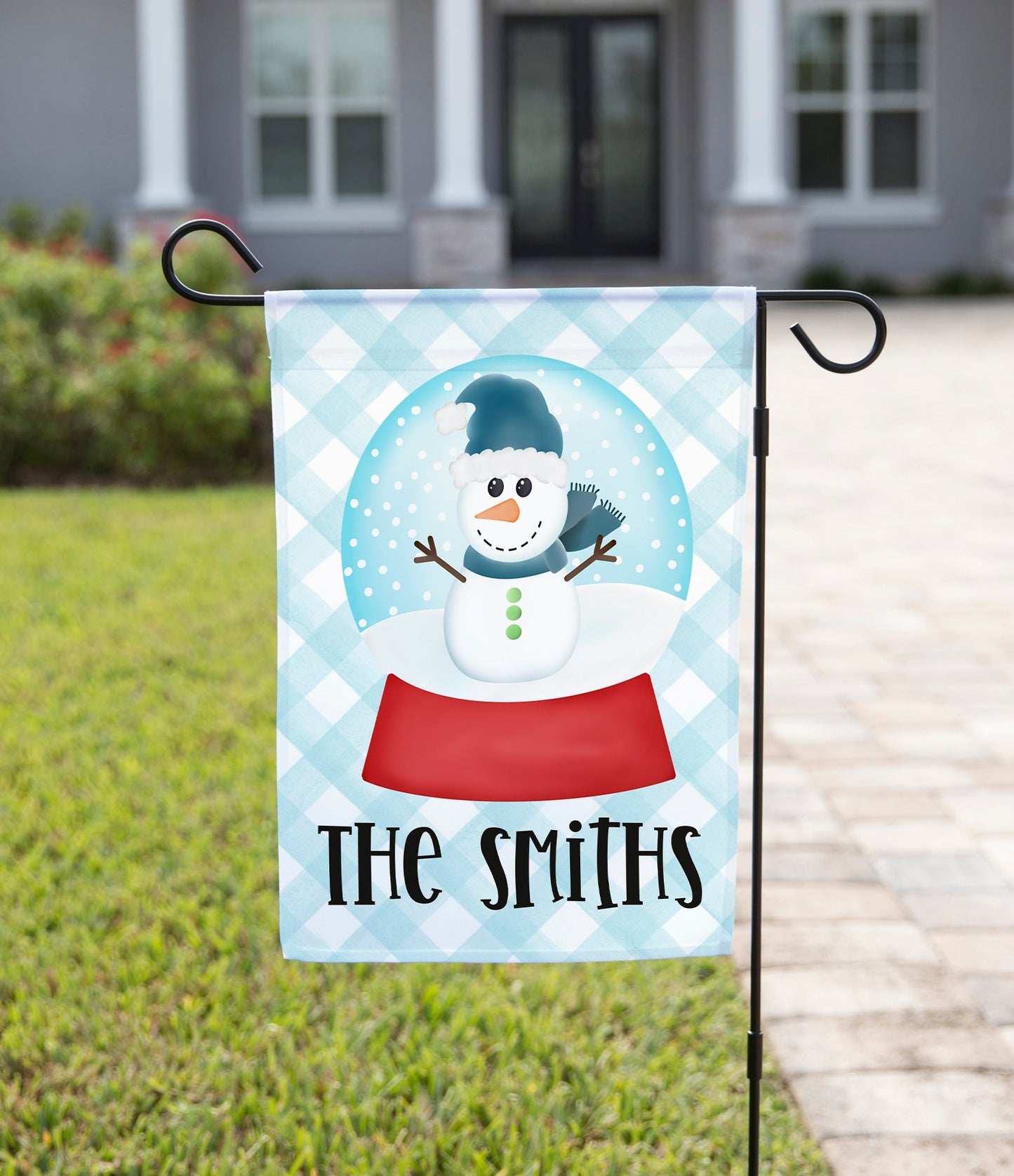 Winter Garden Flag - Blue Snowman Globe