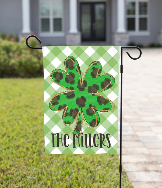 St. Patrick’s Day Garden Flag - Four Leaf Clover with Leopard Print
