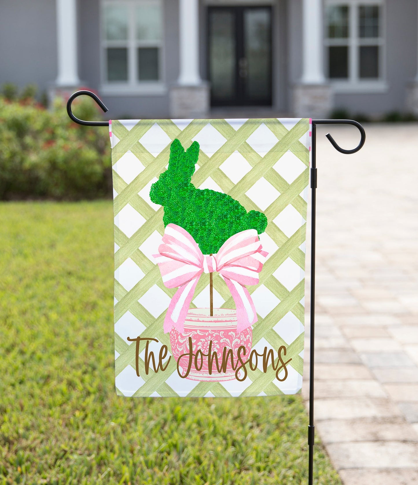Spring Garden Flag - Bunny Bush with Pink Bow