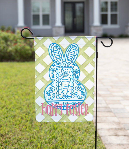 Easter Garden Flag - Blue Bunny Outline Green Background