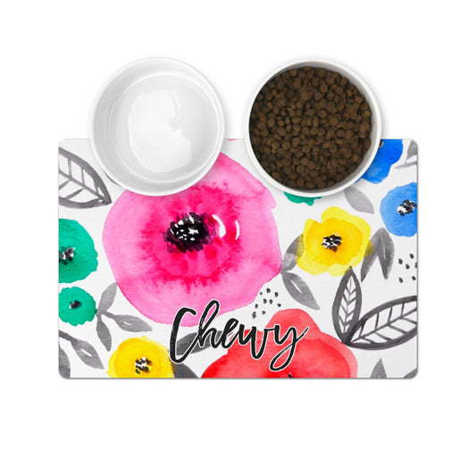 Personalized Pet Bowl Mats - Watercolor Floral