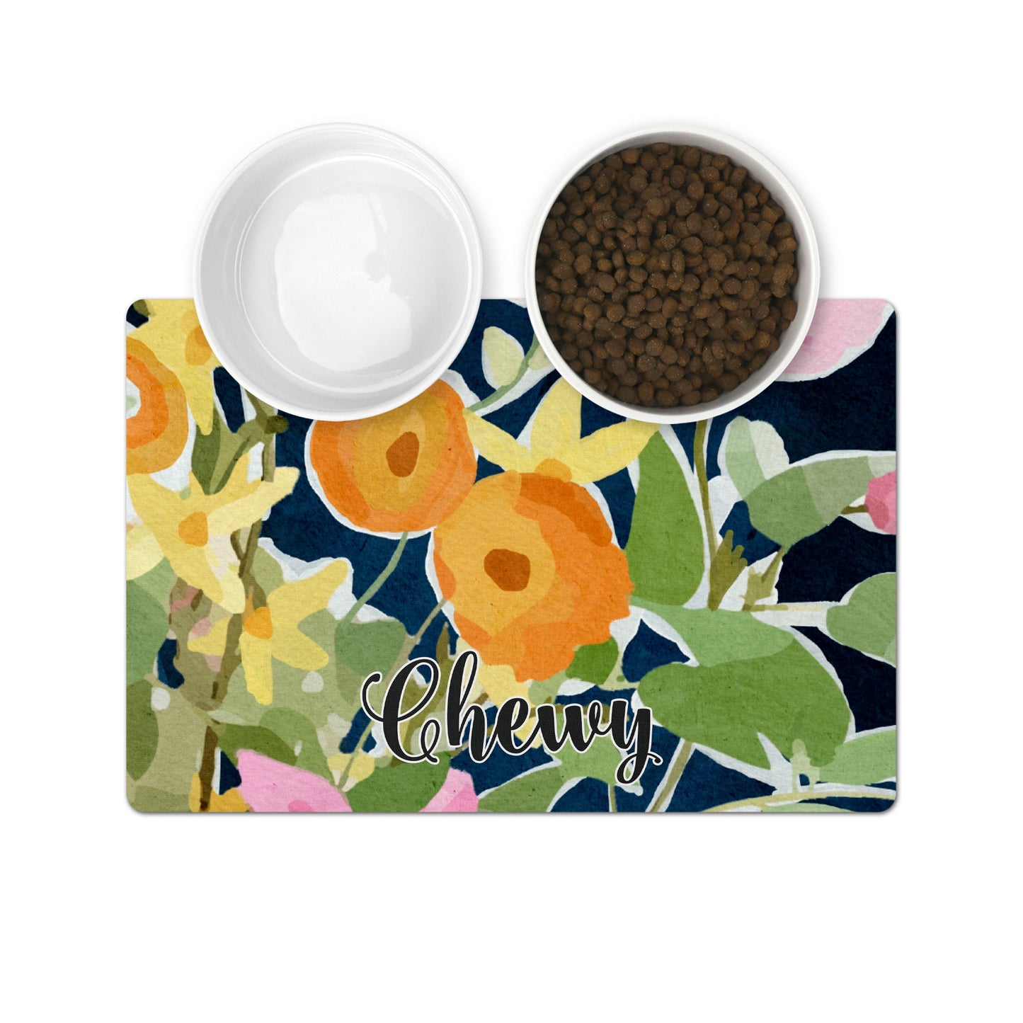 Personalized Pet Bowl Mats - Watercolor Navy Floral