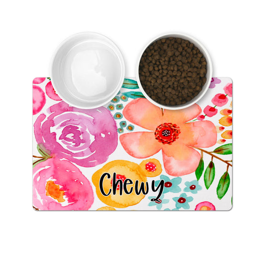 Personalized Pet Bowl Mats - Watercolor Floral