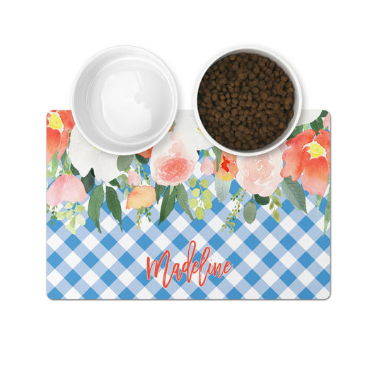 Personalized Pet Bowl Mats - Gingham Floral Drop