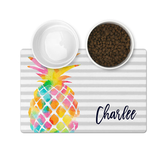 Personalized Pet Bowl Mats - Watercolor Pineapple