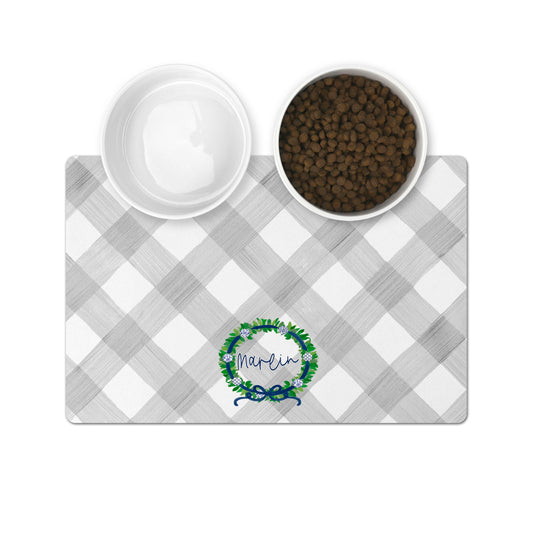 Personalized Pet Bowl Mats - Grey Gingham Wreath