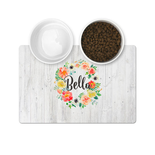 Personalized Pet Bowl Mats - Beachwood Floral Wreath