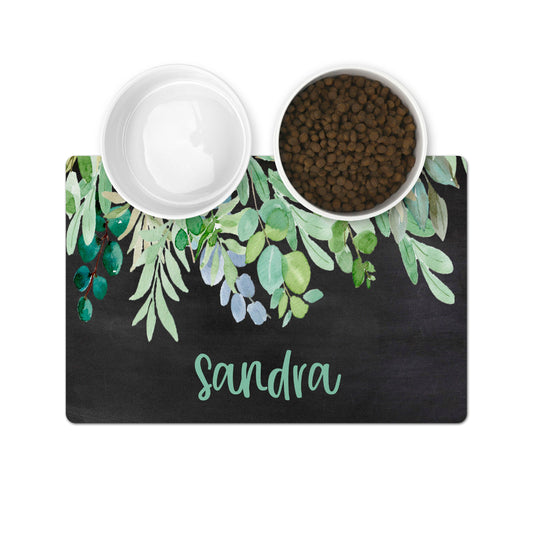 Personalized Pet Bowl Mats - Charcoal Greenery