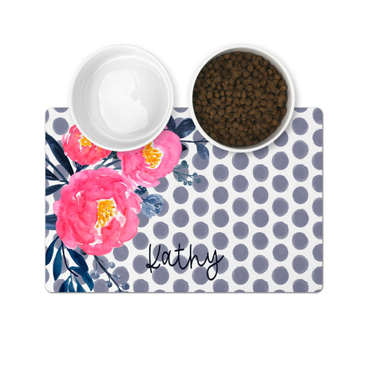 Personalized Pet Bowl Mats - Polka Dot Floral